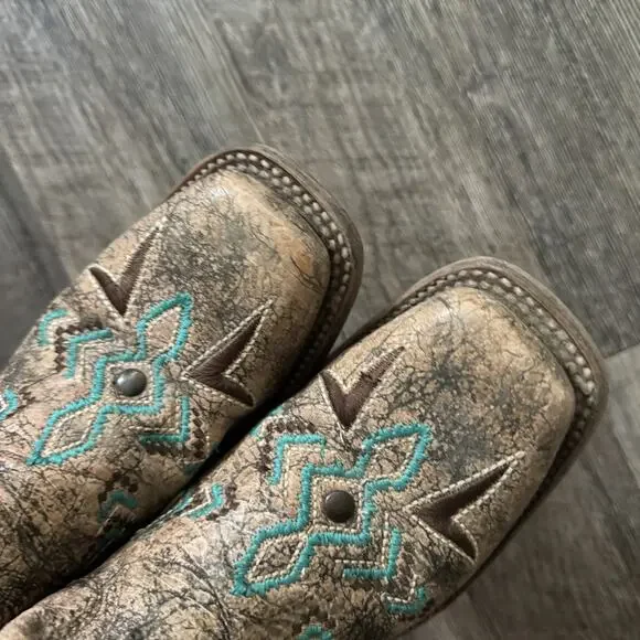 Corral Boots Vintage Aztec Bronze Turquoise Western Cowboy Boots E1052 Girls 3.5 - Picture 7 of 9